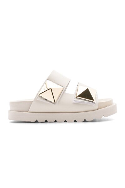 Marjin Women's Genuine Leather Daily Buckle Velcro Slippers Foil Ecru