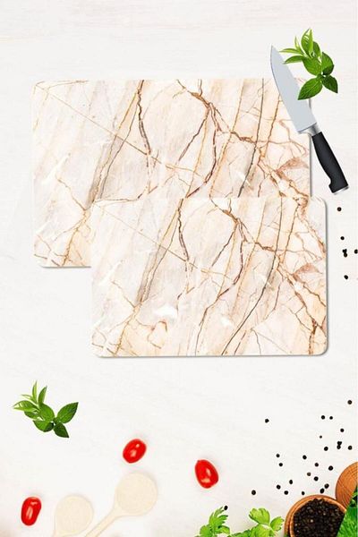Saban Set of 2 30x40 Cm and 20x30 Cm Red Stone Patterned Glass Cutting Plate and Stove Protection