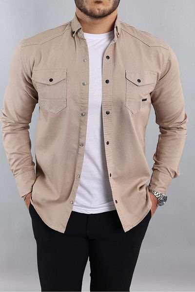 a02teks Yxc Slim Fit Ανδρικό Slim Fit Βαμβακερό τζιν πουκάμισο κρέμα