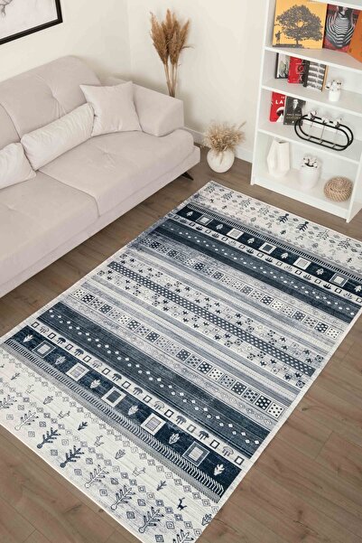 Serente Home İskandinav Desenli Yıkanabilir Kaymaz Taban Mavi Şönil Antre Halısı 4078