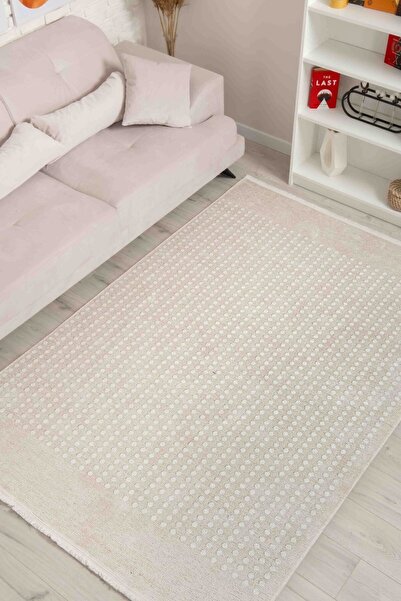 Oriente Home Geometrik Desenli Krem Şönil Makina Halısı Yıkanabilir Saçaklı K...