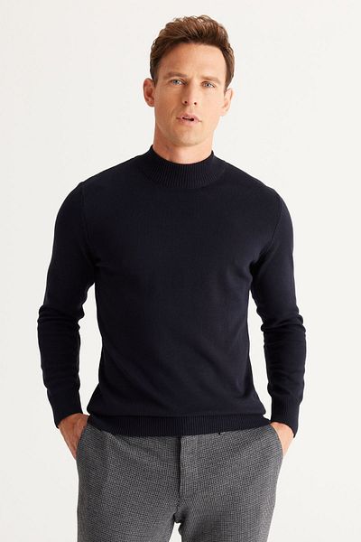 ALTINYILDIZ CLASSICS Ανδρικό πλεκτό πουλόβερ Navy Blue - Standard Fit, μισό ζιβάγκο, βαμβακερό