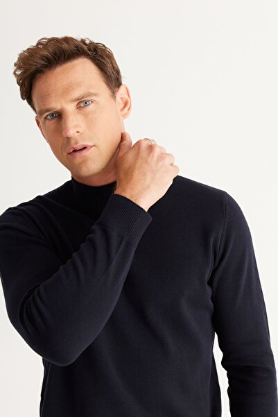 ALTINYILDIZ CLASSICS Erkek Lacivert Standart Fit Normal Kesim Yarım Balıkçı Yaka Pamuklu Triko Kazak