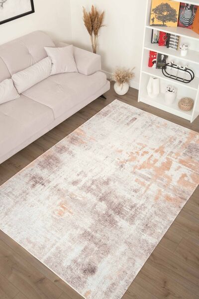 Serente Home Abstract Desenli Yıkanabilir Kaymaz Taban Kırık Beyaz Bej Şönil Salon Halısı 4087