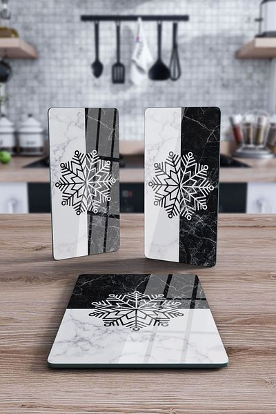 Decovetro Rectangular Set of 3 - Glass Presentation Serving Plate, Black and White Marble Snowflake Pattern