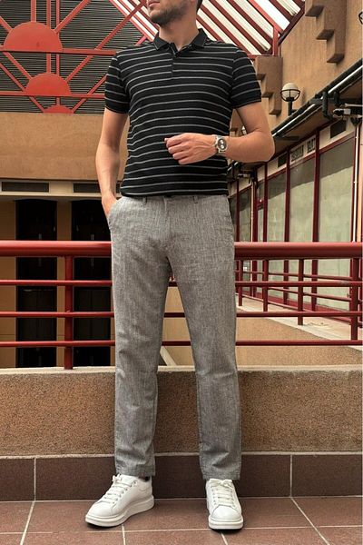 inpool Men's Regular-Fit Cotton Linen Trousers - Adjustable Waist, Old Money Culture 166-1
