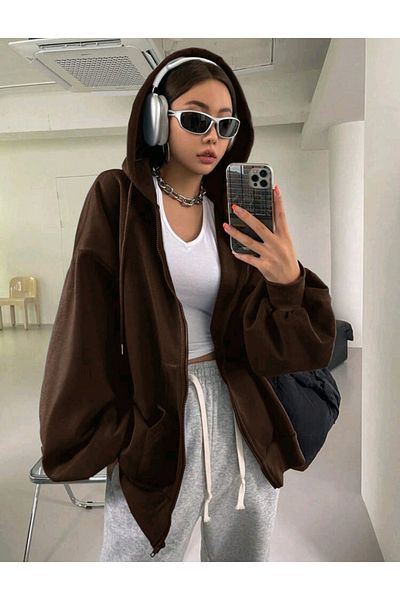 FAVORİST Super Quality Cotton Unisex Oversize Ζακέτα με κουκούλα - Μπαλόνι μανίκι