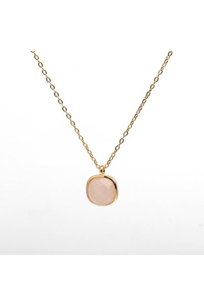 Paleo Pembe Kuvars Taşlı Doğal Taş Çelik Kolye