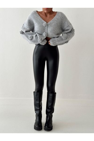 fujya Rose Embroidered Pink Snap Balloon Sleeve Knitwear Cardigan