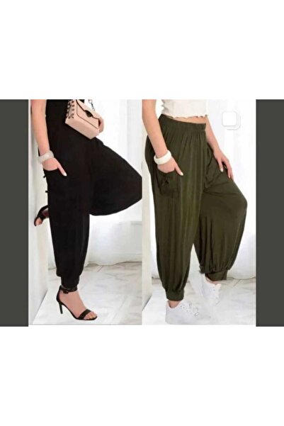 NUR TEKSTİL kadın  siyah vikon pamuklu penye beli lastikli  paça manşetli şal...