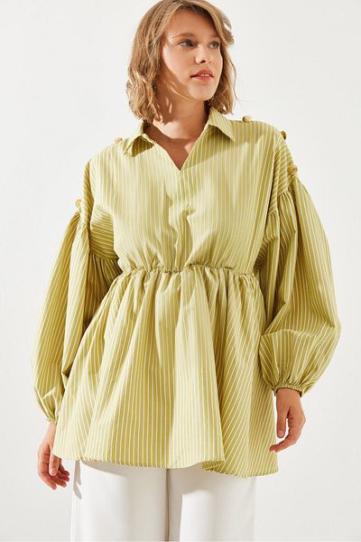 Bianco Lucci Gestreifte Mini-Tunika mit V-Ausschnitt, Schulterknöpfe und elastische Taille 60251126