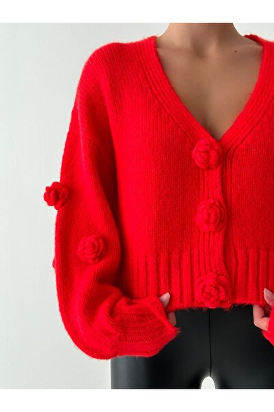 fujya Balloon Sleeve Rose hímzett kötöttáru kardigán