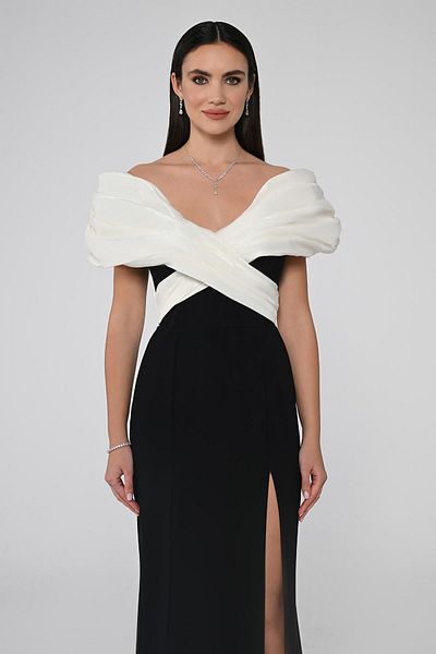 ALFABETA Black-White Women's Evening and Homecoming Dress - Off Shoulder, Deep Slit, Long AB6638-BLACK/BEY