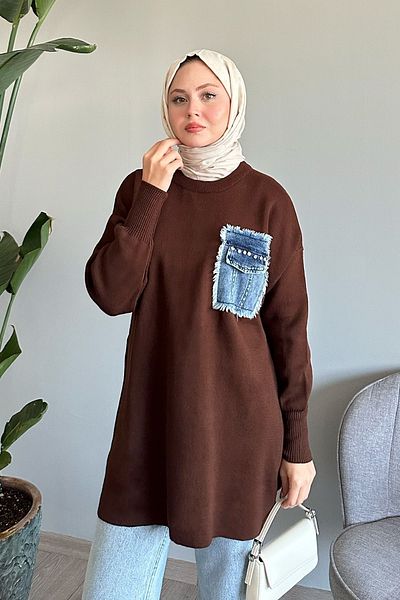 InStyle تونيك تريكو بني مرير - جيب من الدنيم