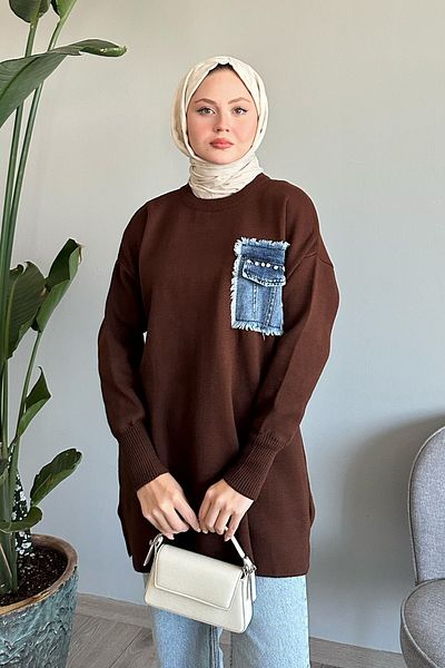 InStyle تونيك تريكو بني مرير - جيب من الدنيم