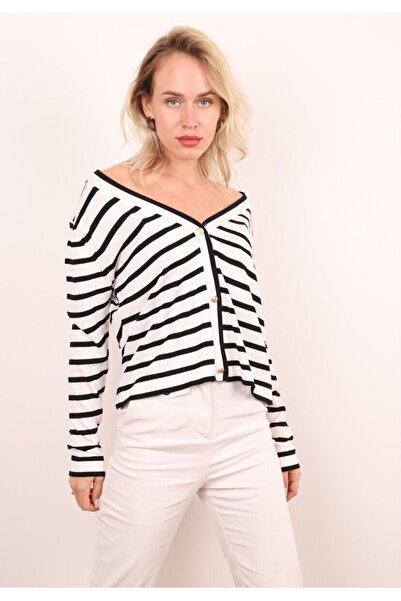 Butik Şans JM Button Closure Striped V-Neck Knitwear Cardigan