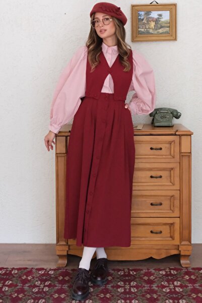 Ceylan Otantik بدلة تنورة سترة بأزرار باللون العنابي