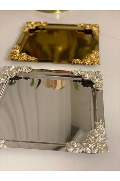 Elzemm store Gold and Silver Square Tray with Four Edge Accessories - Serving and Presentation