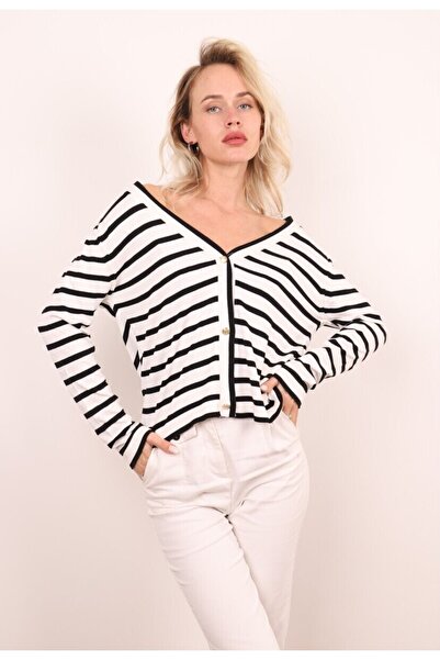 Butik Şans JM Button Closure Striped V-Neck Knitwear Cardigan