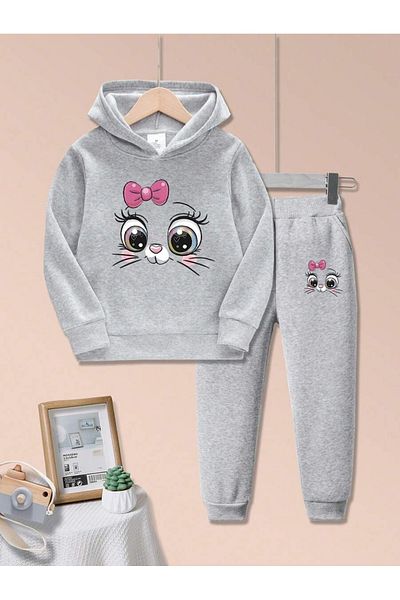 THEKONT Cotton Unisex Hooded Tracksuit Set - Ribbed Cat Printed Code:20245