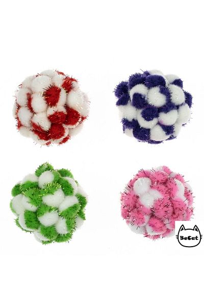Be Cat Colorful Glittery Pompom Sound Cat Play Ball - Pack of 4