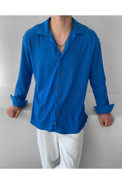 NO1 KONSEPT Μακρυμάνικο Μπλε Πουκάμισο Οθωμανικού Στυλ με Κορδόνια