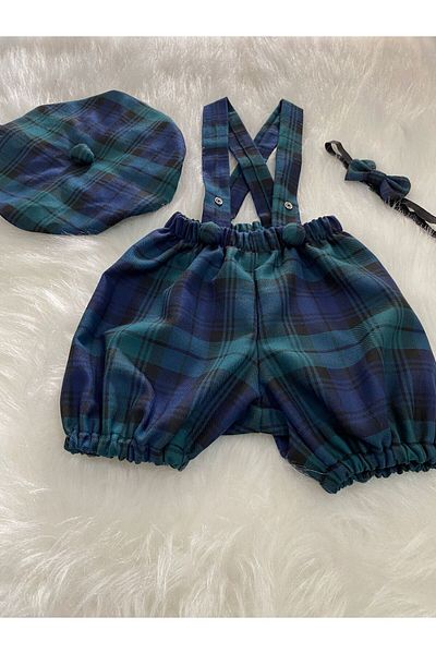 Eylülce Butik GREEN PLAIDED CHILDREN'S STRAP SHORTS SALOPET & RESSAM HAT & BOW TIE SET