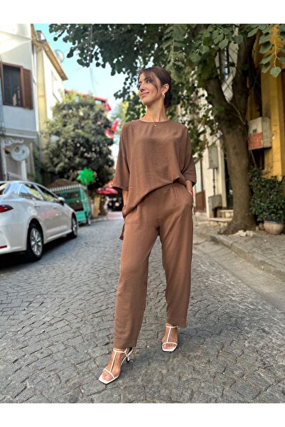 soBasic Кафяв ленен вискозен комфортен костюм от две части