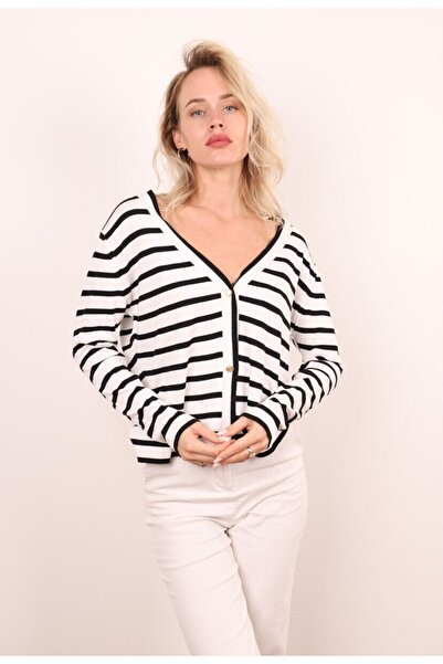 Butik Şans JM Button Closure Striped V-Neck Knitwear Cardigan