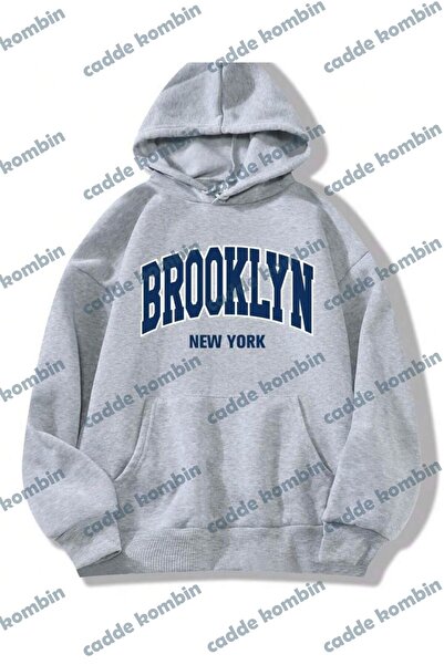 caddekombin Unisex Brooklyn Newyork Baskılı Polar Kapüşonlu