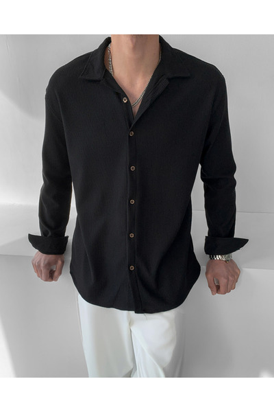 NO1 KONSEPT Μακρυμάνικο Ριμπ Μαύρο Οθωμανικό Πουκάμισο