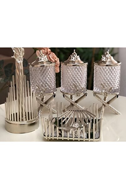 moda atölyesi مجموعة جرة فضية اللون، مجموعة من 3 قطع من لفة المناديل وحامل ال...