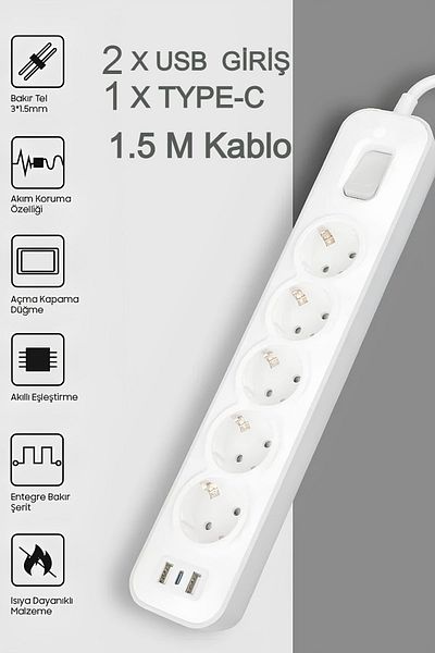Ecuy 5-Piece Surge Protected Extension Socket - 2 Usb, 1 Type-C, Resistor Cable, Thermal Protection