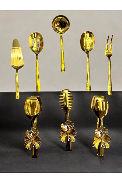 Aslı Hediyelik طقم تقديم من الفولاذ المقاوم للصدأ مكون من 8 قطع - مصفاة ذهبية، مغرفة، مجرفة، شوكة، ملعقة، ملقط فراشة