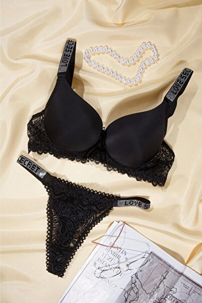 m mlinda Γυναικείο Σετ σουτιέν Micro Fabric Black Stone - με λουράκι και επένδυση