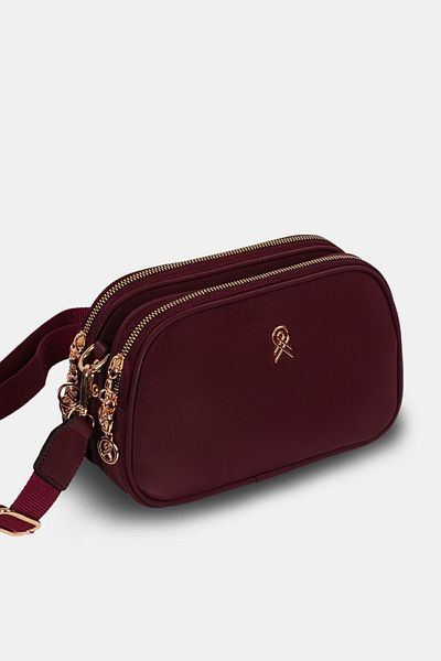 Les Crioch Geantă de umăr pentru femei, burgundy, cu 3 compartimente, din piele satinată Buzzy, cu curea de coloană reglabilă