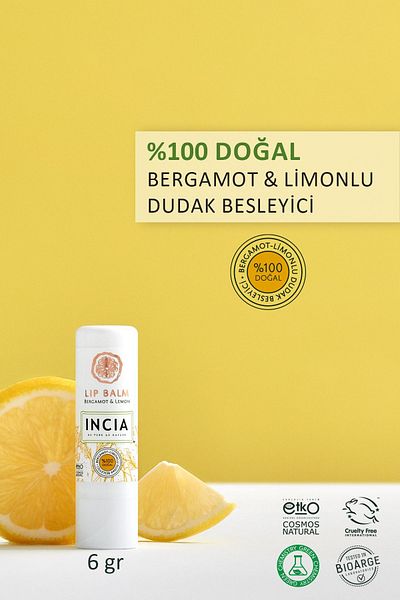 Incia 100 % natürliche, nährende, pflanzliche, feuchtigkeitsspendende Lippenpflegecreme mit Bergamotte und Zitrone, 6 g