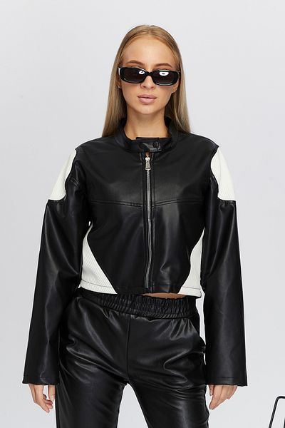 Black Level Jachetă oversize pentru femei cu model alb - guler cu fermoar, umăr și fustă cu fixare