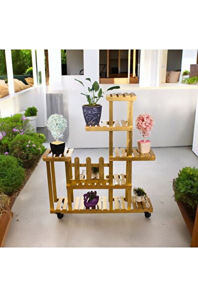 VEHER Ahşap (Çam) ALTIN VARAK Renk 6 Katlı Bitki Standı, Kilitlenebilir Teker...