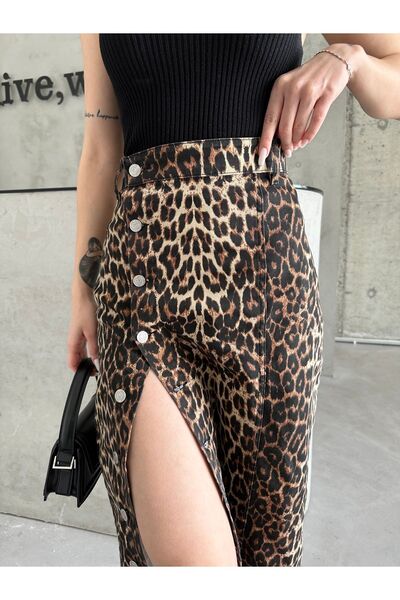 Swet Shop Jeans Brown Black Leopard Patterned Lycra Long Denim Skirt - Women