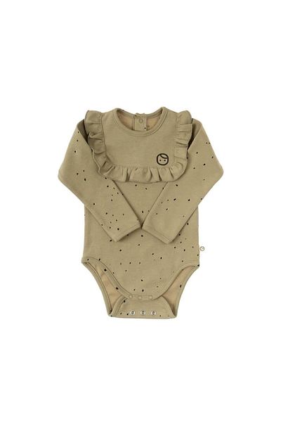 Little Gusto Long Sleeve Frilly Adjustable Snap Fastener Bodysuit Cosmos Khaki Organic Cotton