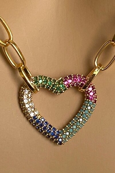 kallima Altın Kaplama Renkli Zirkon Taşlı Kalp Figürlü Ataç Dikdörtgen Zincir...