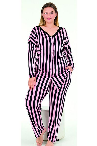 Jenny Daphne Plus Size Line Patterned Soft Viscose Pajamas Set - Long Sleeve, Buttoned Upper 11375