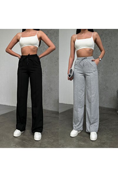 Babelook Γυναικείο Μαύρο και Γκρι Φούτερ 2 τεμαχίων με ψηλόμεσο ριγέ φαρδύ πόδι