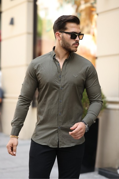 Twenhil Dar Kesim Yaka Düğmeli Slim Fit Spor Haki Uzun Kollu Gömlek