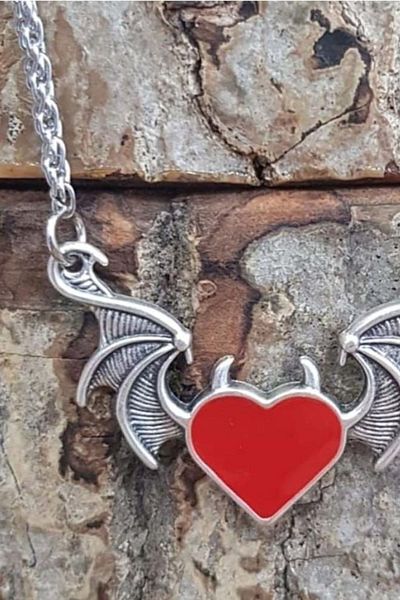 Redboxbutik Bat Winged Heart Red Necklace with Chain