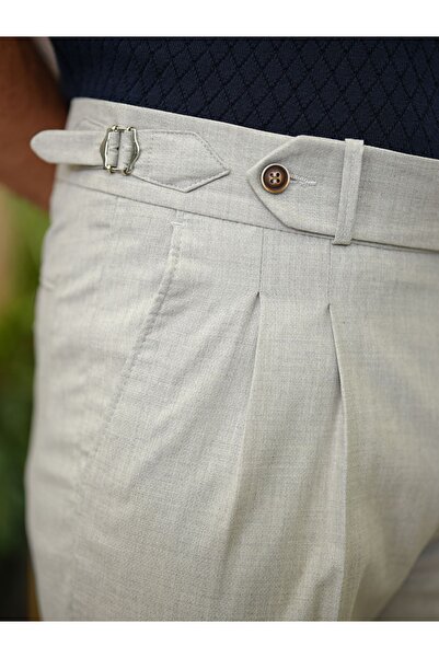 Pantolonia Light Gray Italian Style Slim Fit Pleated Buckle Fabric Trousers
