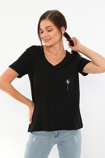 kallima Μαύρο κεντημένο μπλουζάκι με τσέπη V-λαιμόκοψη Άνετη εφαρμογή 100% βα...