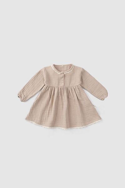 Little Gusto Embroidered Organic Cotton Muslin Drawstring Baby Dress Beige