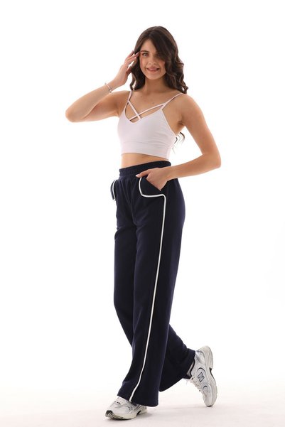 kallima Women's Navy Blue White High Waist Design Pocketed Striped Loose Wide Leg Three Thread Sweatpants